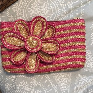 Pink and Gold Woven Clutch with Floral Accent
